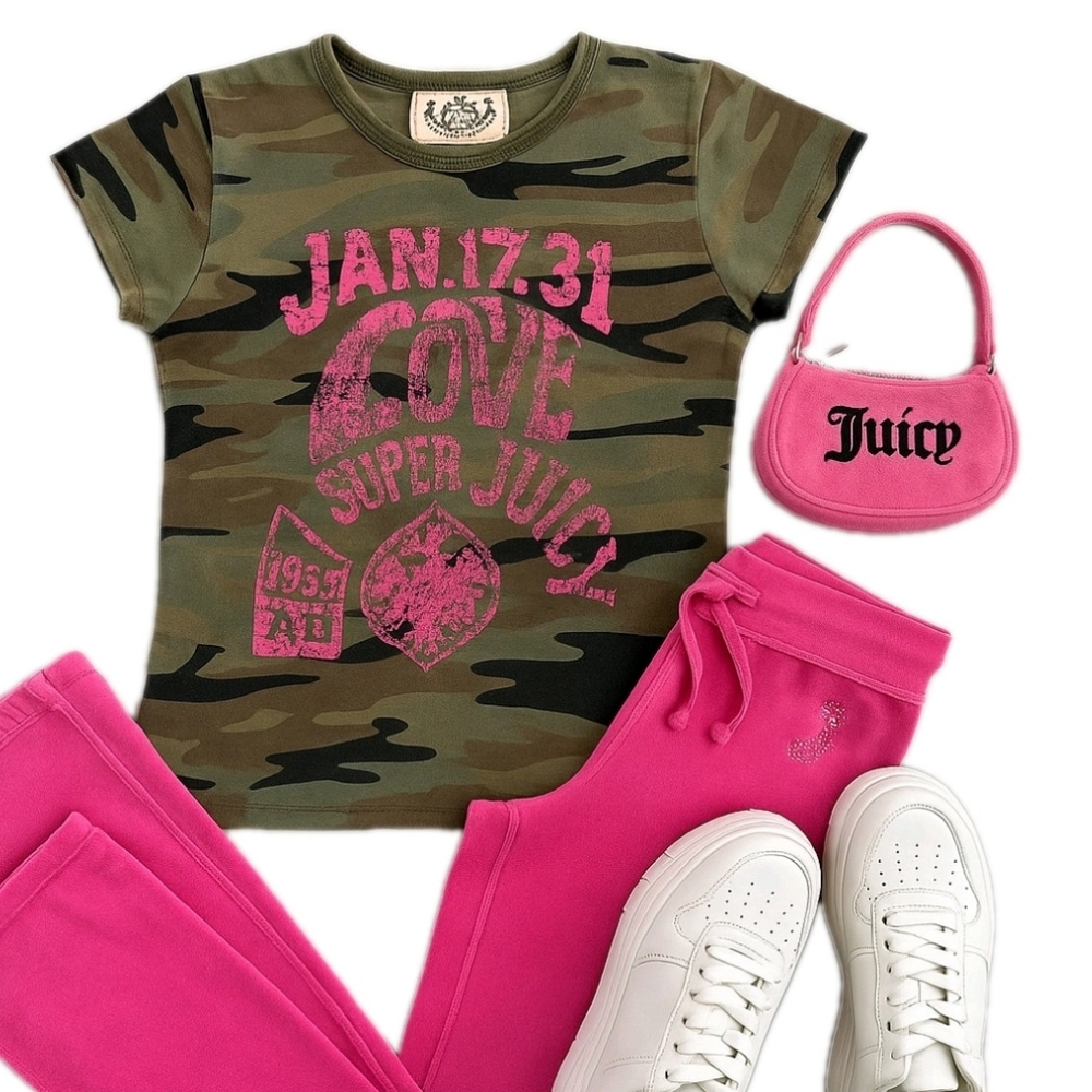 Rare Y2K Juicy Couture Camo Flocked Baby Tee  Made in USA  JAN.17.31 Super Juicy